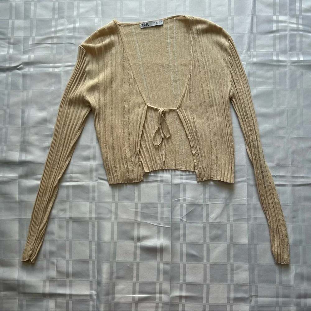 Zara Cream Stretch Loose Knit Tie Front Long Sleeve Cardigan Sweater - Picture 13 of 13